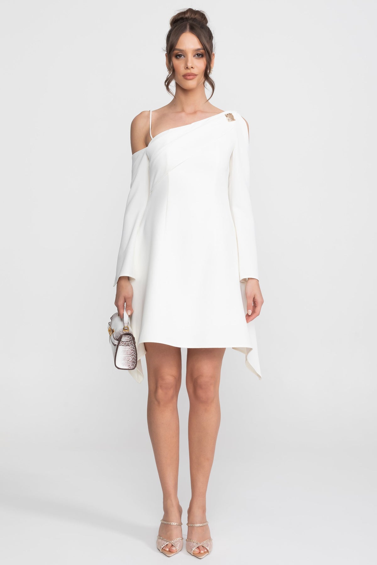 Asymmetric Cold-Shoulder Mini Dress - White - View 2