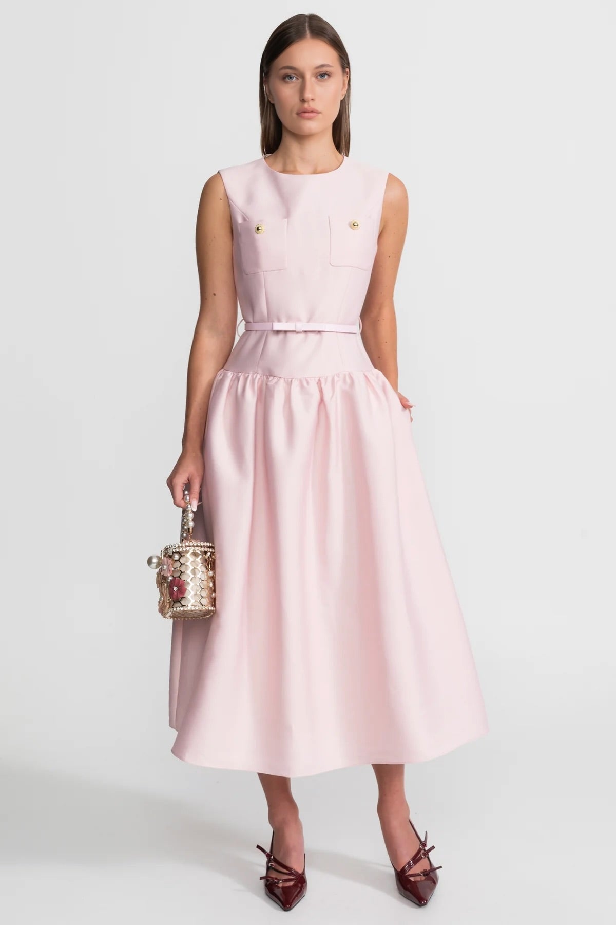 Sleeveless Patch Pocket Metallic Button Belted Bow Midi Dress