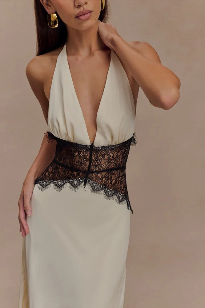 Deep V-Neck Halter Neck Backless Midi Dress - View 3