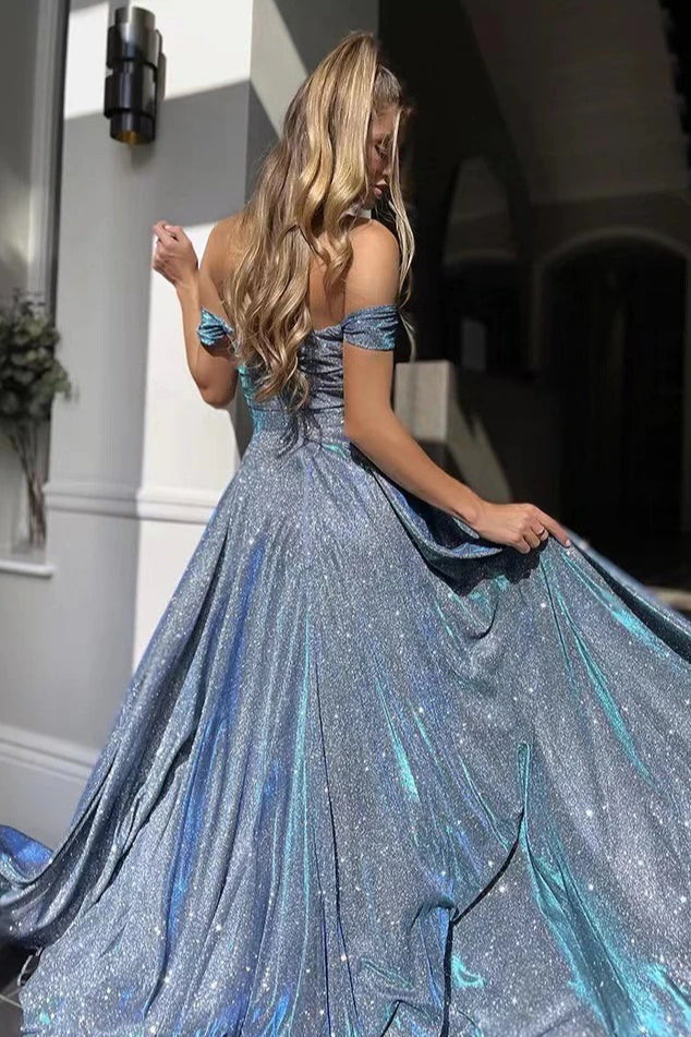 Glitter Off Shoulder Sweetheart High Split A-Line Maxi Gown - View 2