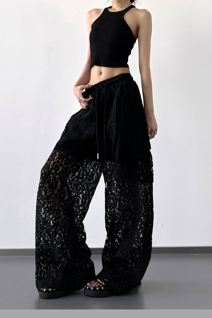 Patchwork Cutout Lace Straight Wide Leg Cargo Pants