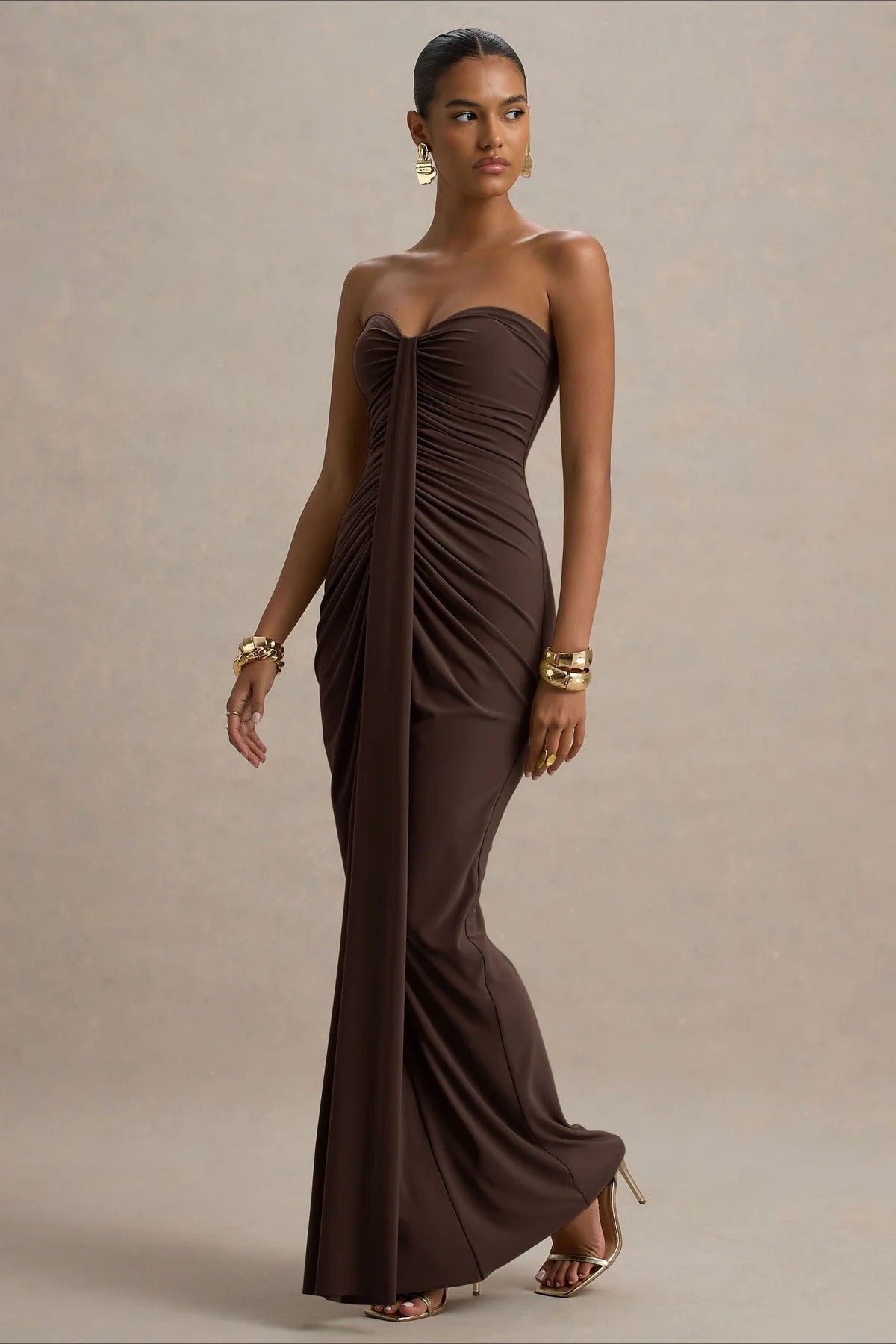 Strapless Sweetheart Ruched Center Drape Panel Column Maxi Formal Gown - View 13