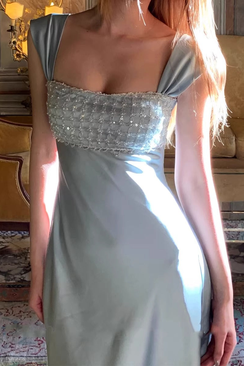 Satin Square Neck Cap Sleeve Beaded Empire Maxi Dress