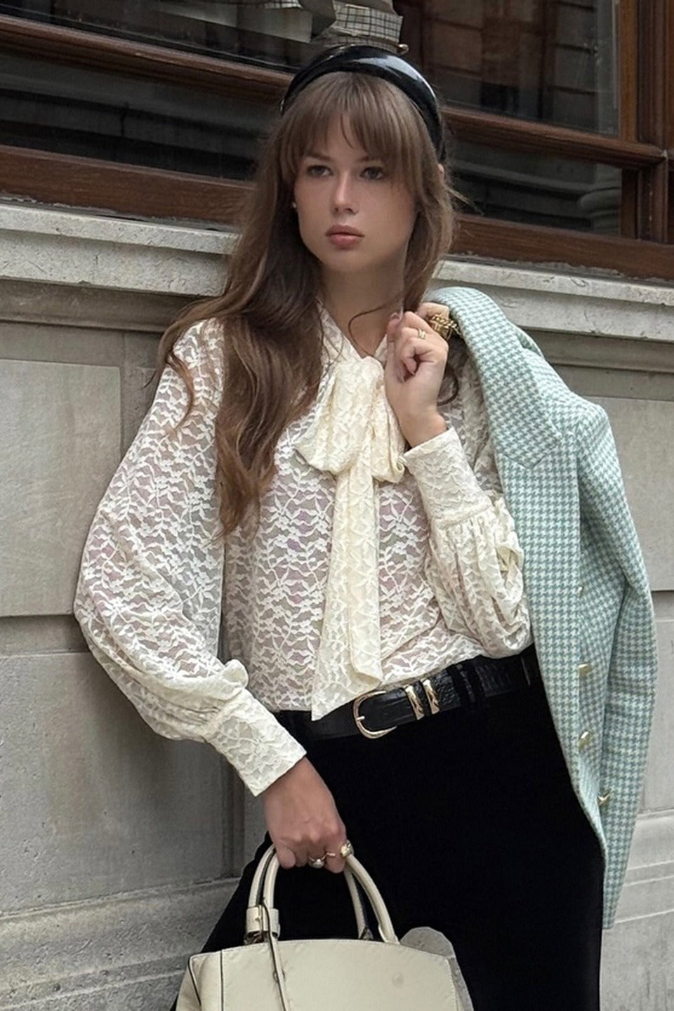 Jacquard Lace Bow Tie Blouse