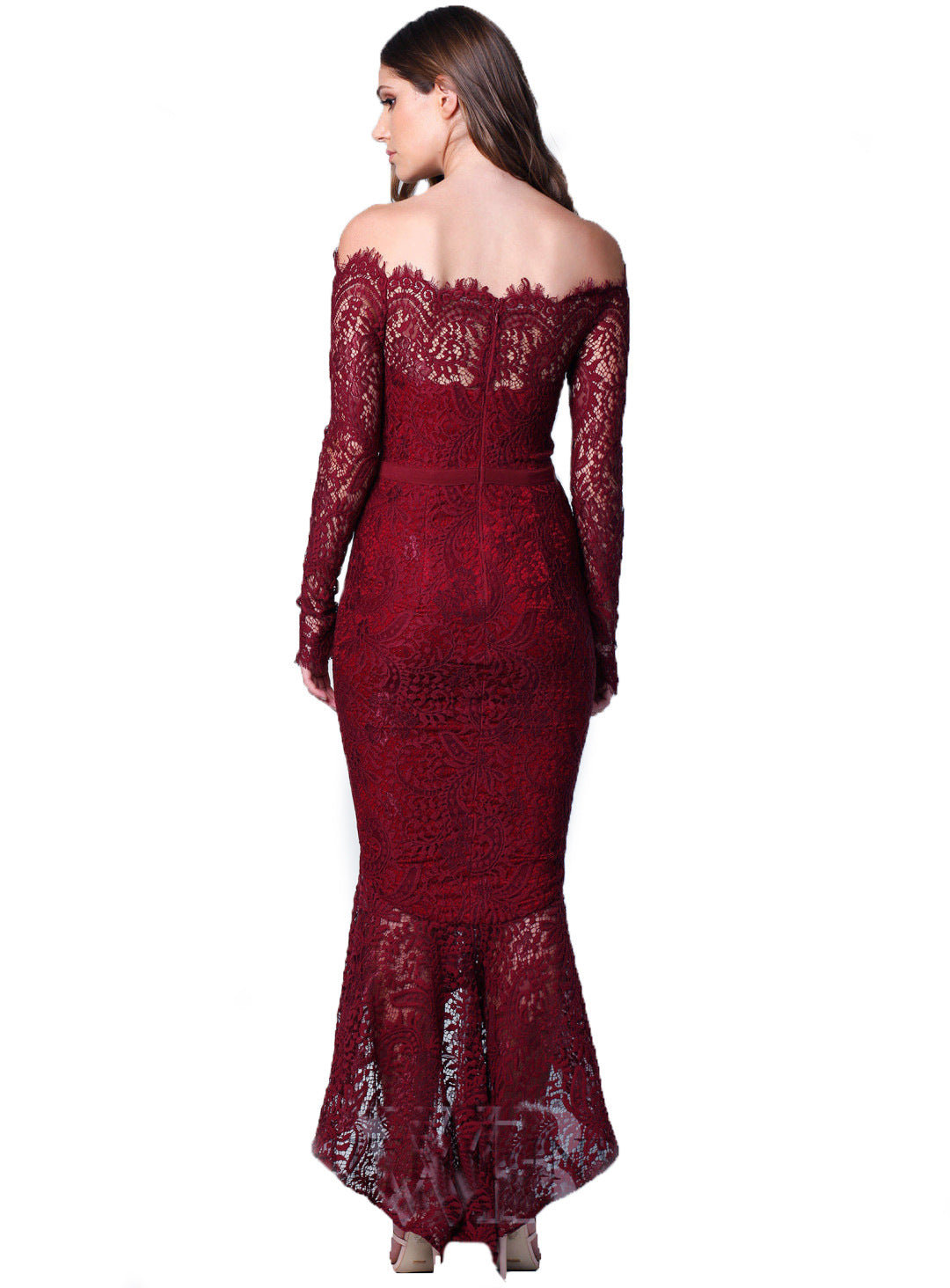 Elegance Lace Trumpet Dress Wine - View 2