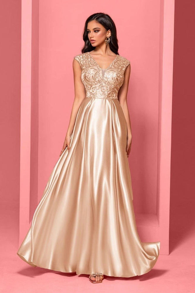Embellished V-Neck Cap Sleeve Satin A-Line Maxi Dress - View 2
