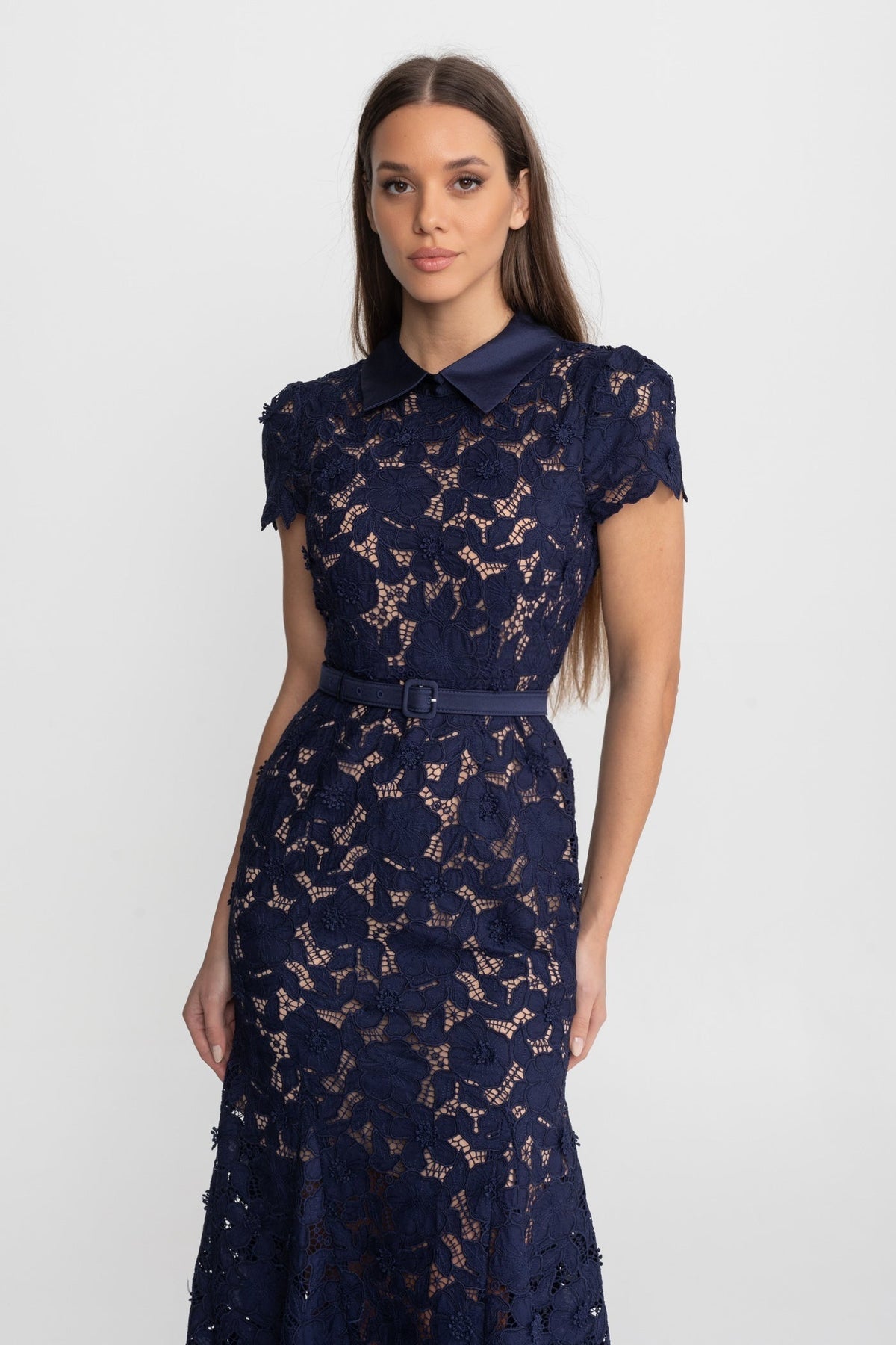 Lace Midi Dress with Belted Waist and Collared Neckline – Navy - View 6