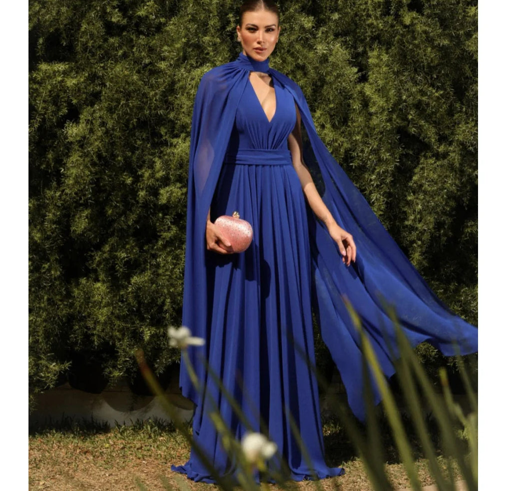 Chiffon Deep V-Neck Cape Sleeve Belted Flowy Maxi Prom Gown
