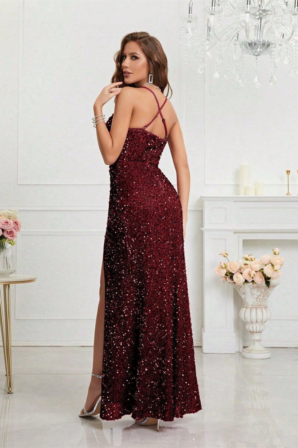 Sequin Spaghetti Strap V-Neck High Split Ruched Maxi Prom Dress - View 12