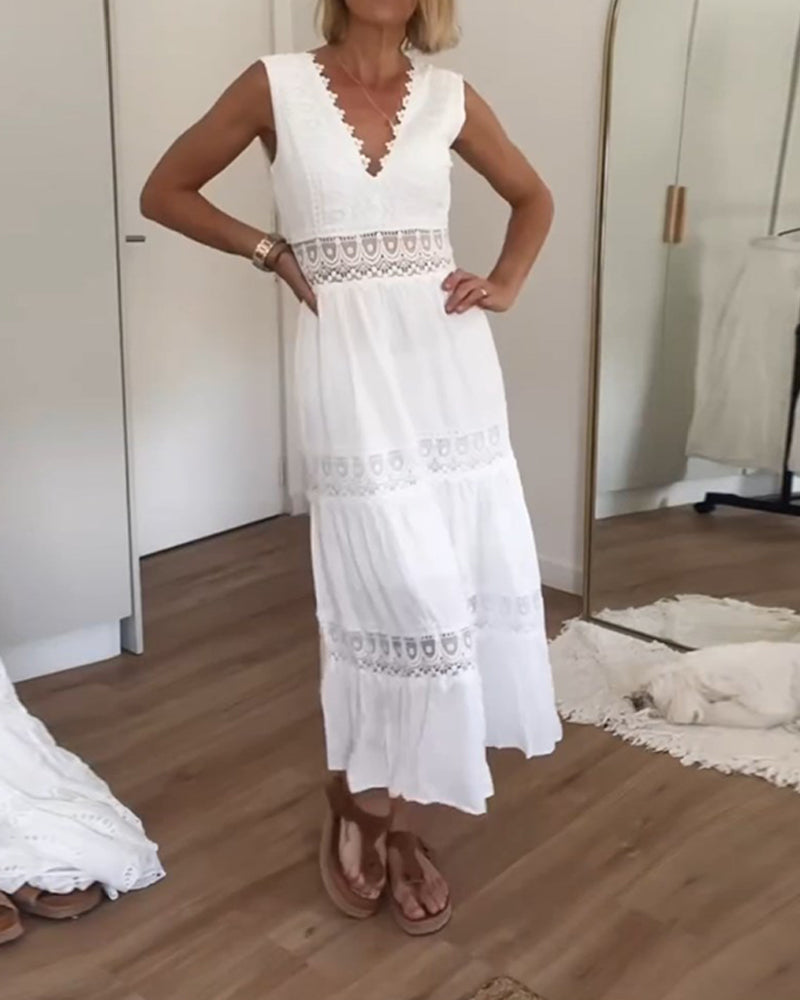 Deep V-Neck Sleeveless Lace Trim Empire Waist Tiered Midi Dress - View 4