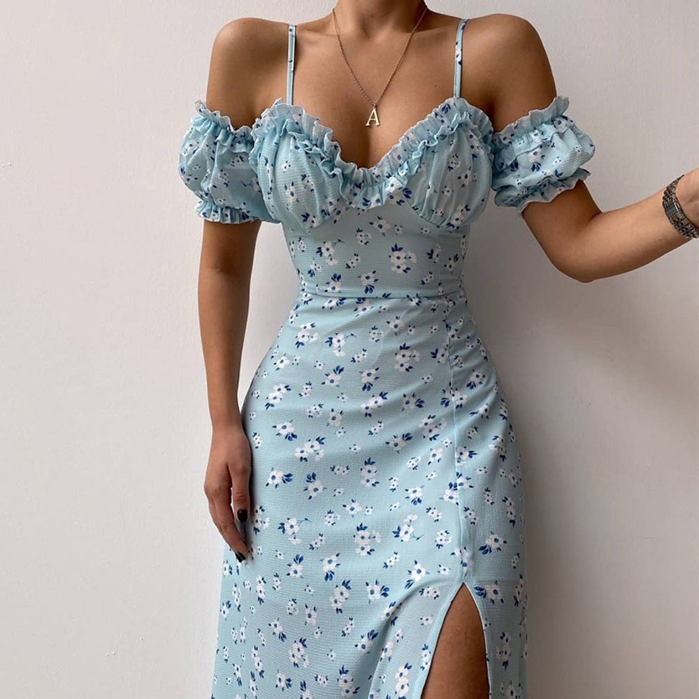 Floral Print Sweetheart Ruffle Cold Shoulder Midi Dress - View 4
