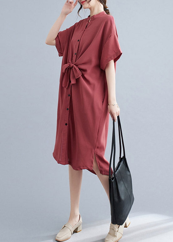 Button Down Mandarin Collar Tie Belt Short Sleeve Midi Shirt Dress - View 4