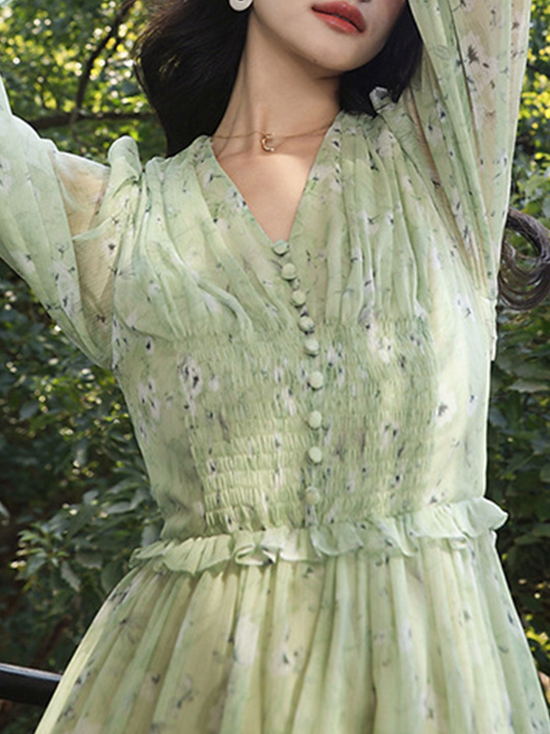 Floral Print V-Neck Button Front Smocked Waist Mini Dress - View 5