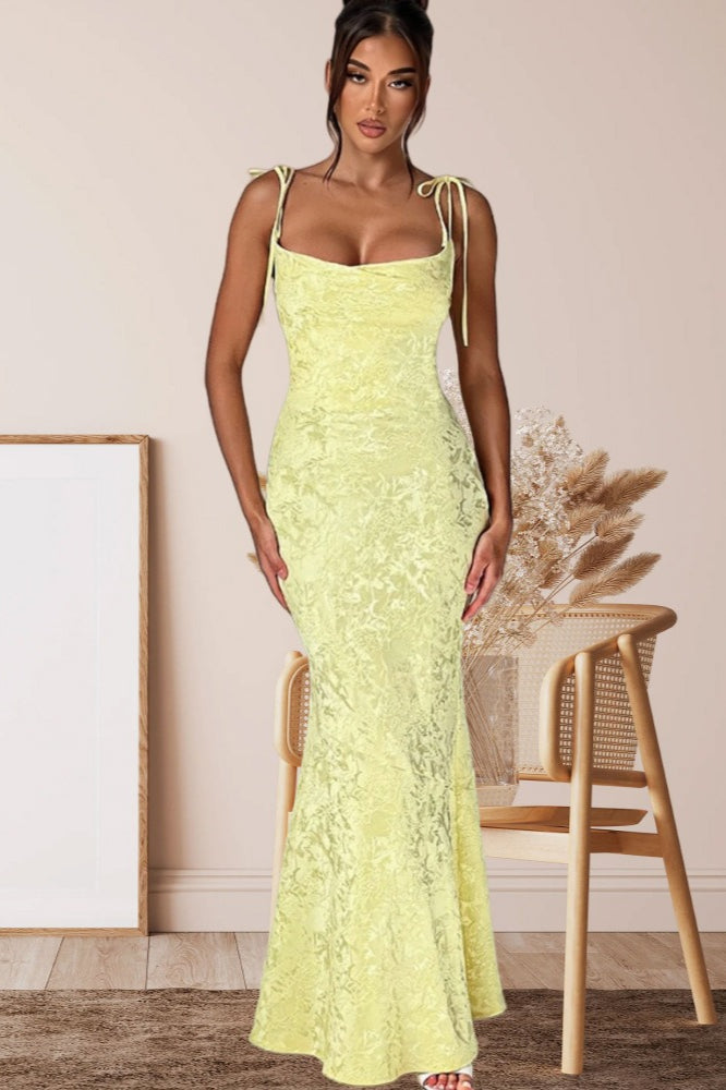 Square Neck Tie Strap Jacquard Mermaid Maxi Dress 4