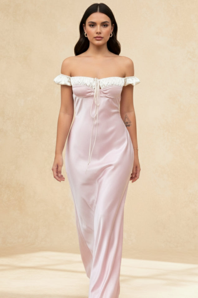 Pink Satin Ruched Charming Contrast Sleeve Dress - View 2