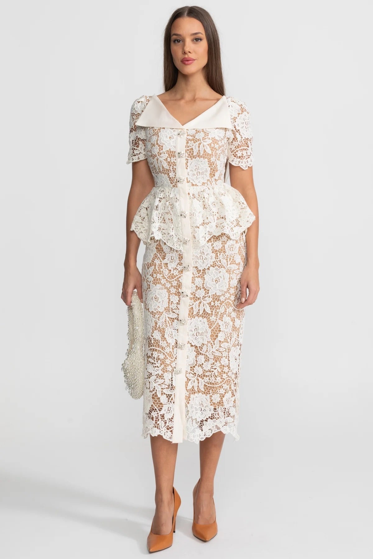 Lace Midi Dress with Peplum Waist and Satin Collar - White - View 2
