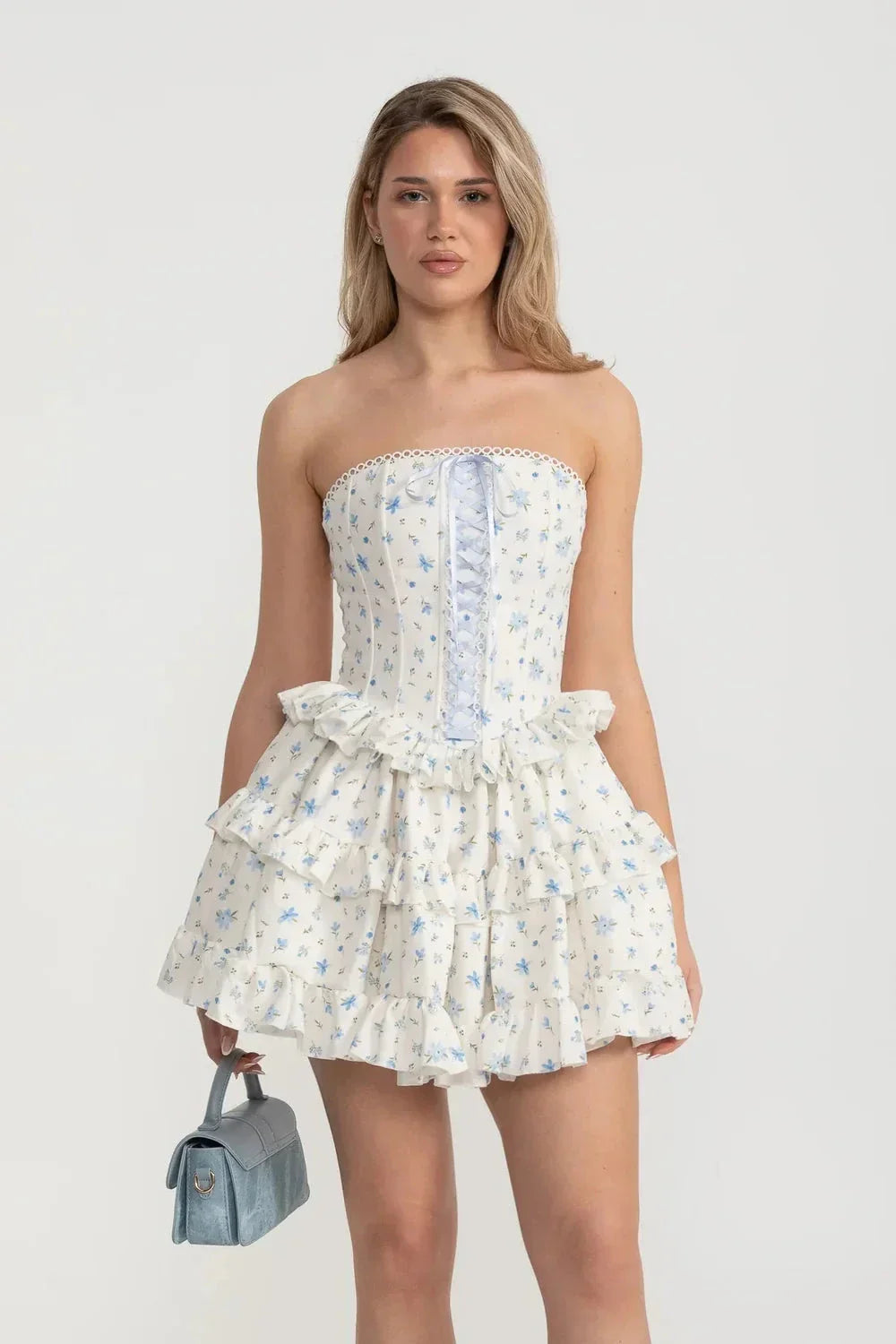 Corset Mini Dress With Ribbon Lacing Detail And Multi-Layered Ruffled Skirt - White/Blue