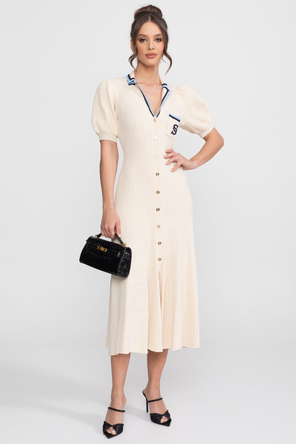 Short Sleeve Knit Midi Dress - Cream - View 2