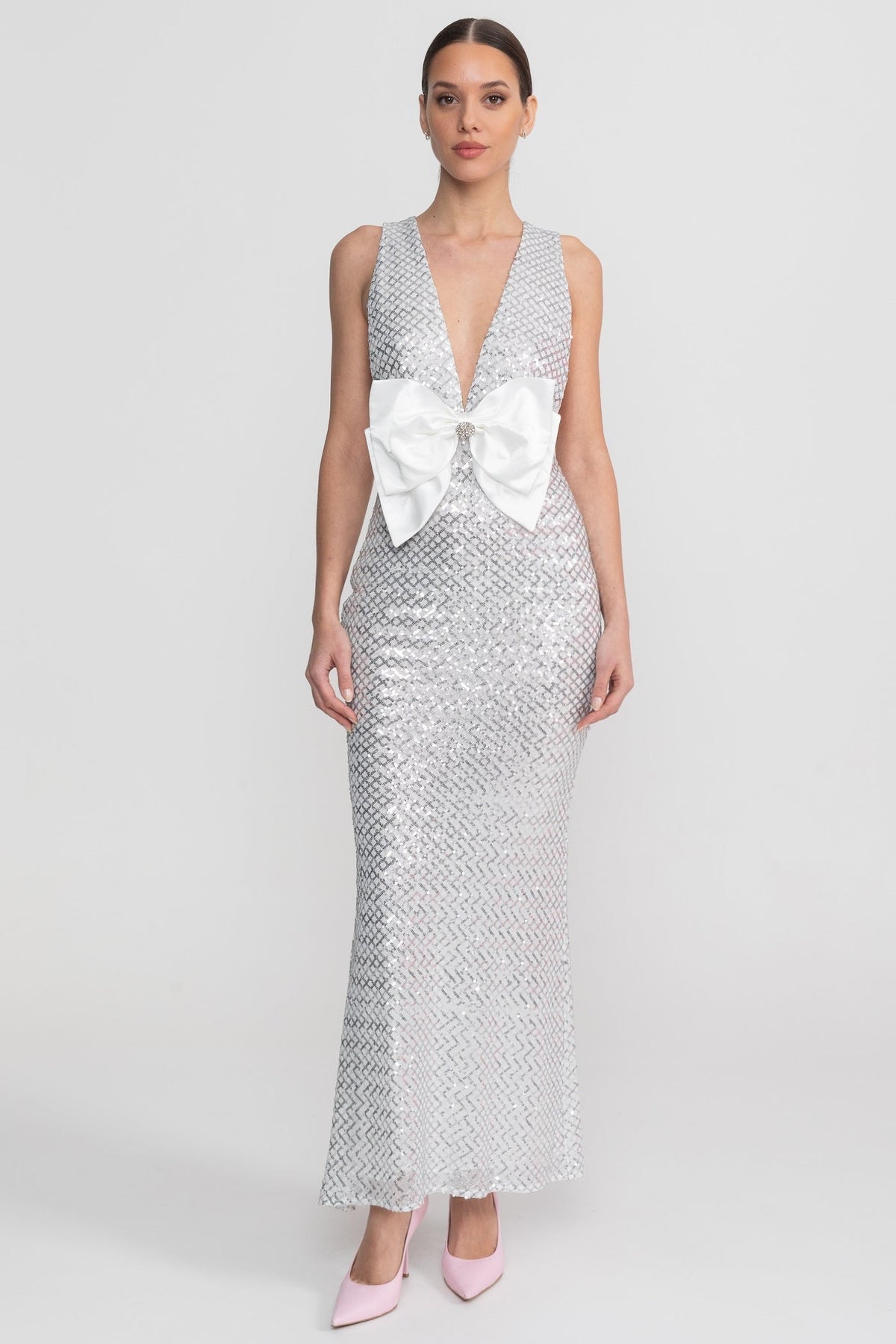 Sequin Maxi Dress With Satin Bow Detail - Light Grey
