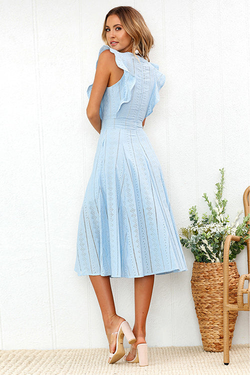 Eyelet Ruffle Sleeve Crew Neck Fit and Flare Midi Dress 8