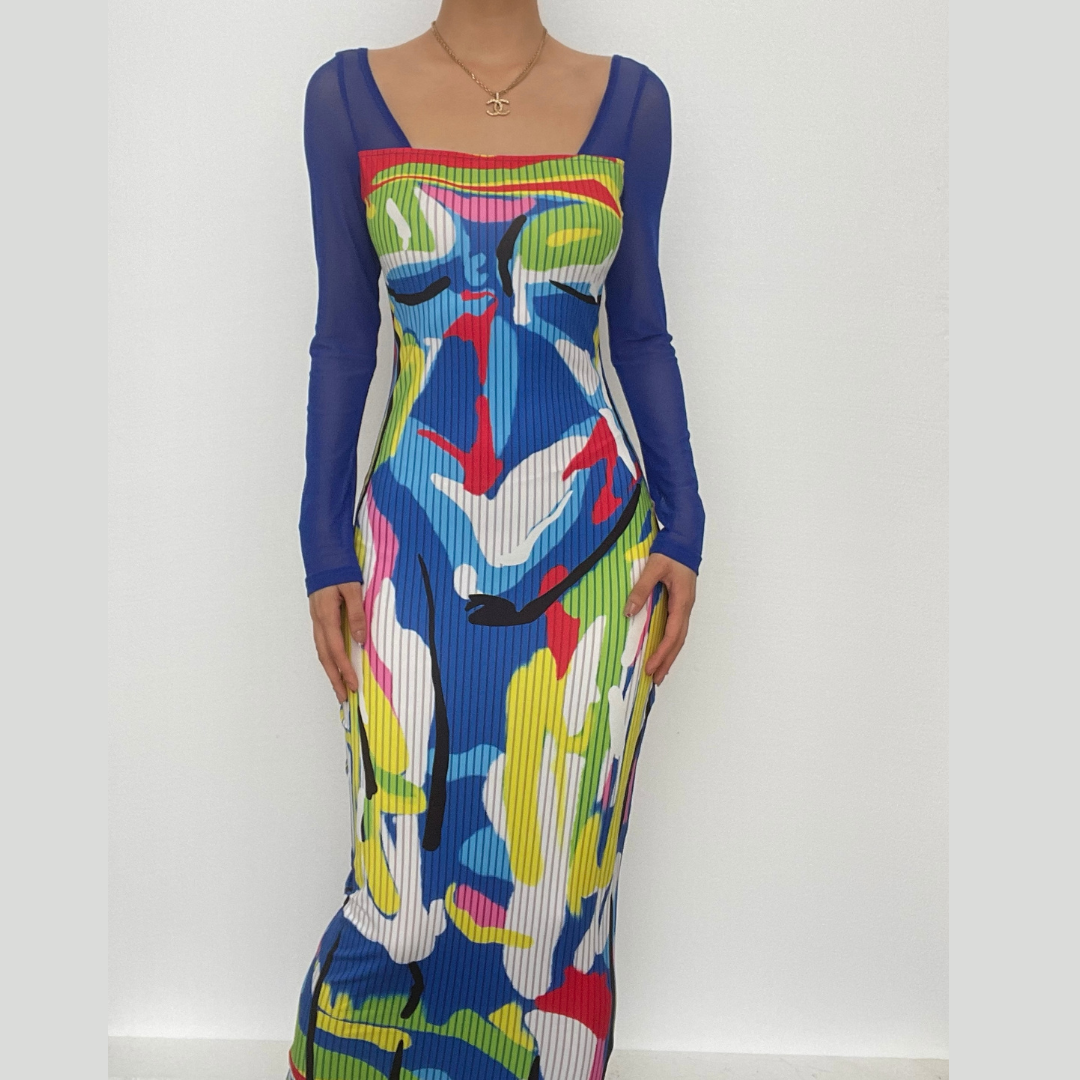 Long sleeve contrast abstract mesh midi dress - View 2