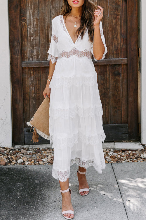 V-Neck Short Sleeve Lace Trim Tiered Boho Maxi Dress