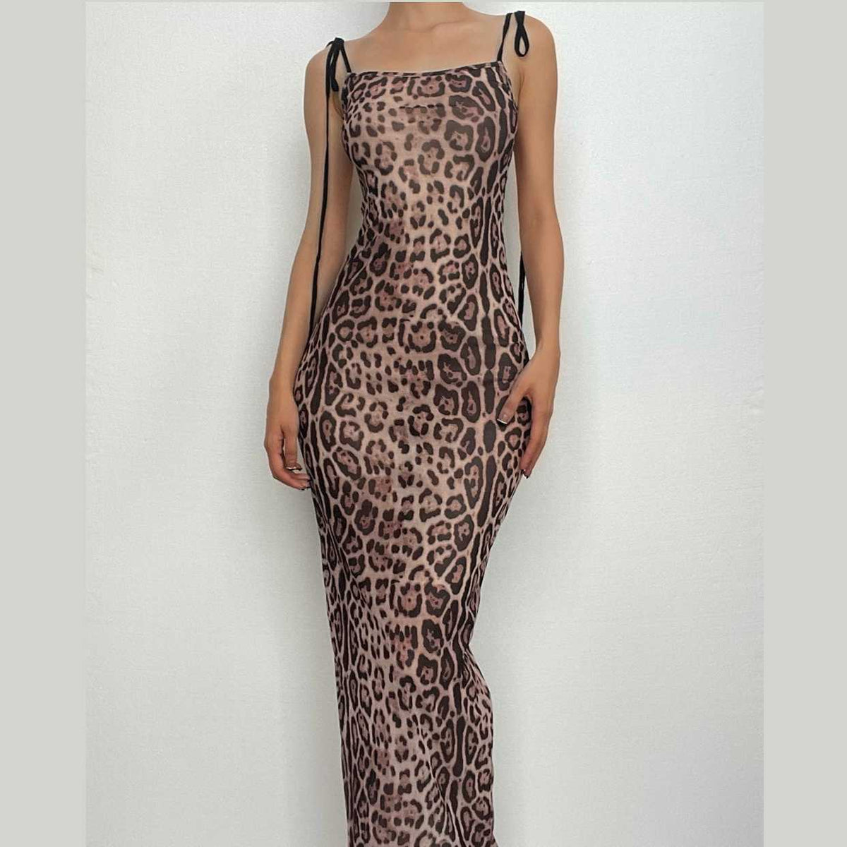 PRE ORDER - Mesh leopard print backless self tie ruched maxi dress - View 5