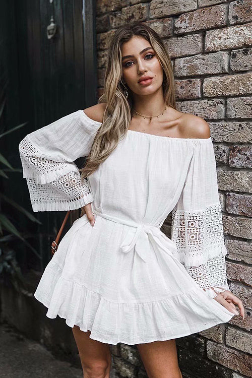 Off Shoulder Bell Sleeve Lace Trim Tie Waist Ruffle Mini Dress 4