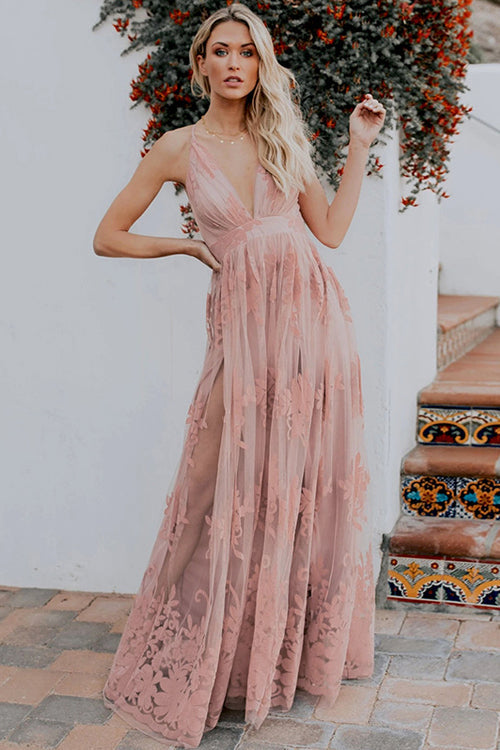 Deep V-Neck Halter Floral Lace Maxi Dress 7