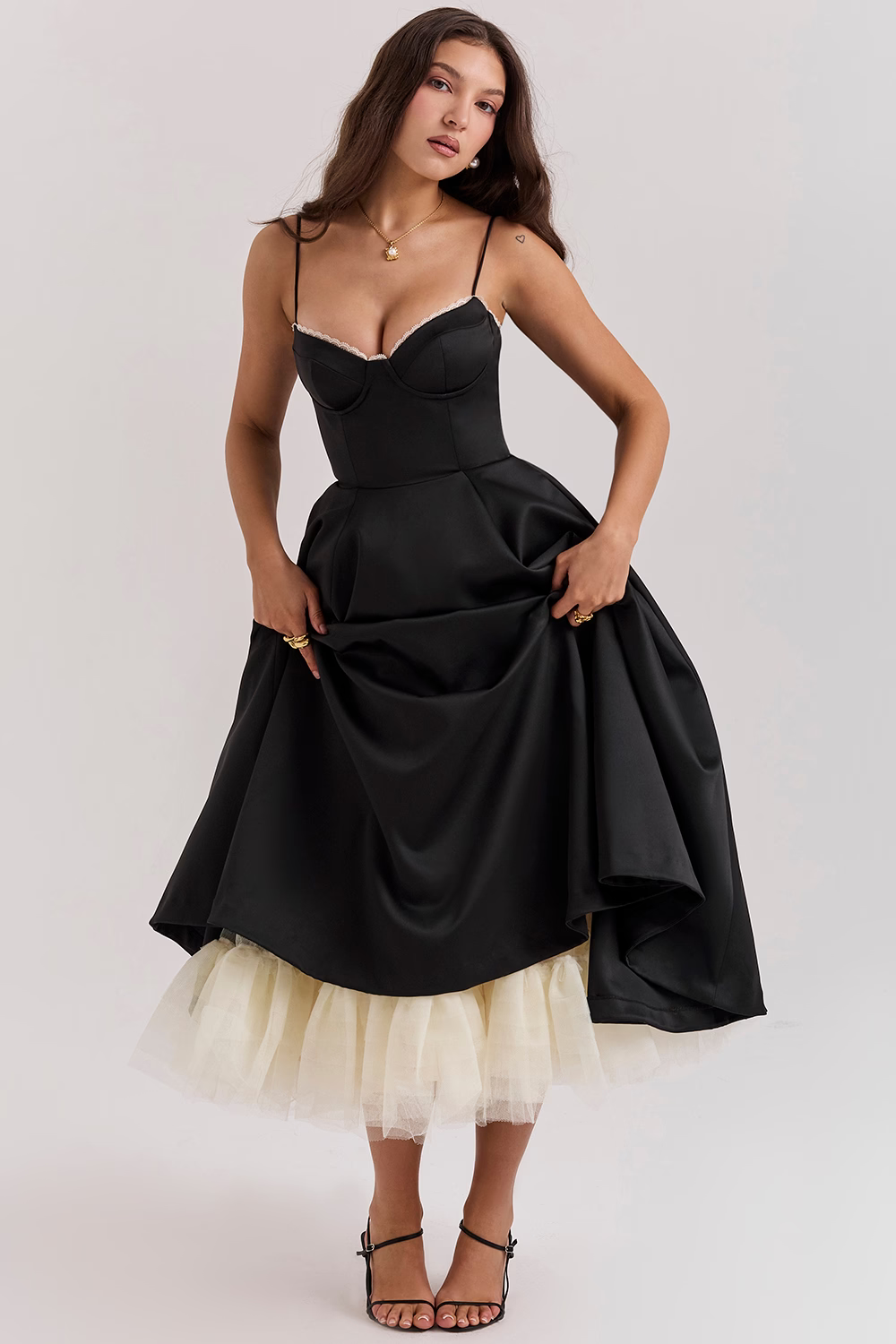Spaghetti Strap Sweetheart Lace Trim Corset Midi Cocktail Dress - View 11