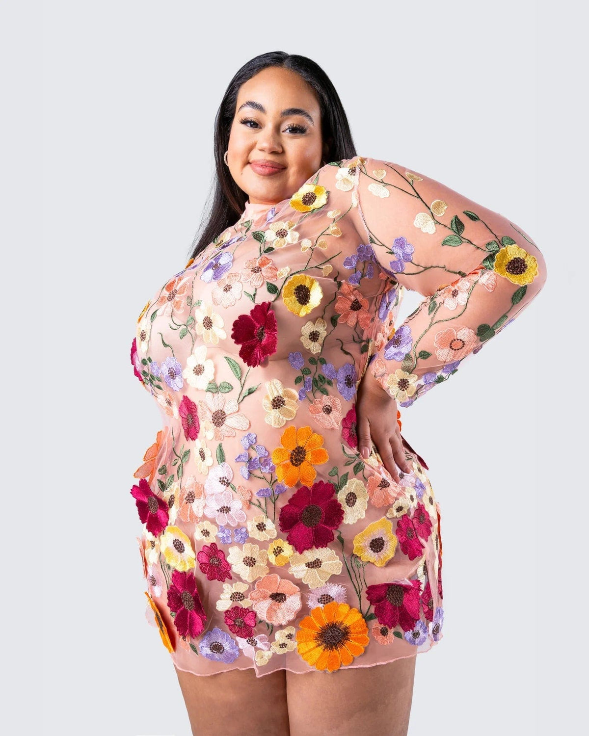 Mock Neck Long Sleeve Floral Embroidered Mesh Bodycon Mini Dress - View 5
