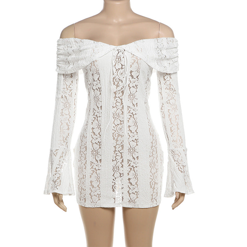 Off Shoulder Lace Bell Sleeve Ribbon Tie Bodycon Mini Dress - View 8