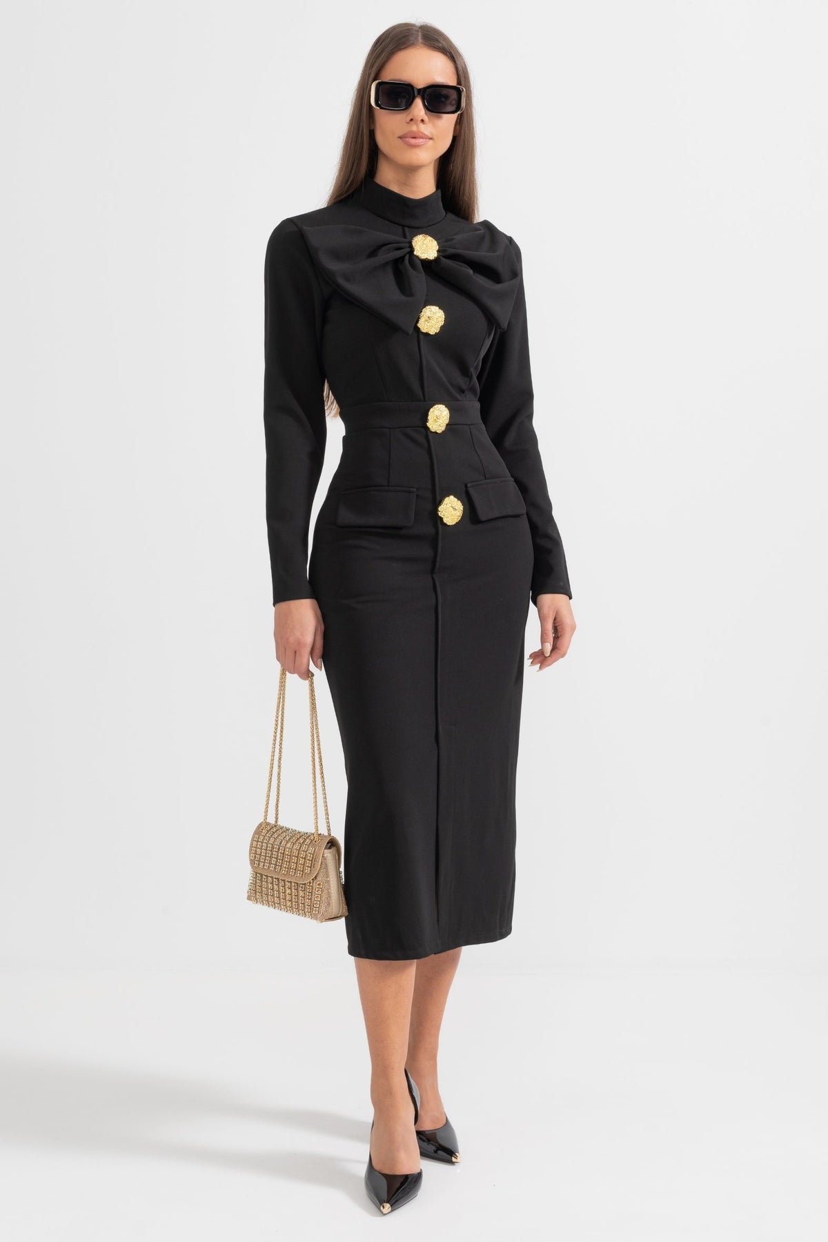 Bow Collar Mock Neck Long Sleeve Jewel Button Bodycon Midi Dress