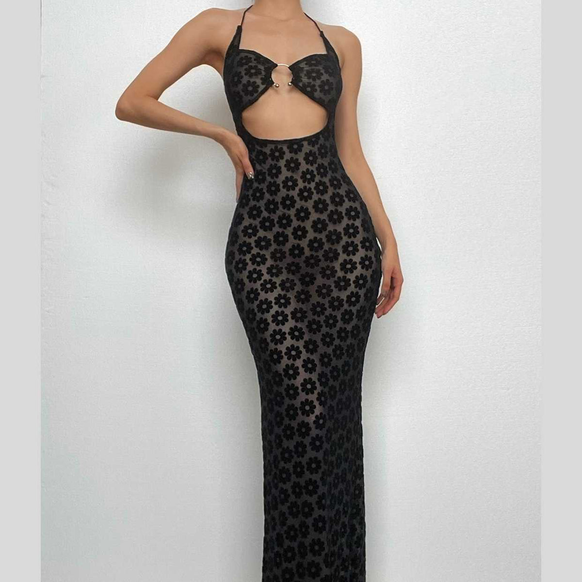 Floral Mesh Halter Neck O Ring Cut Out Bodycon Maxi Dress - View 2