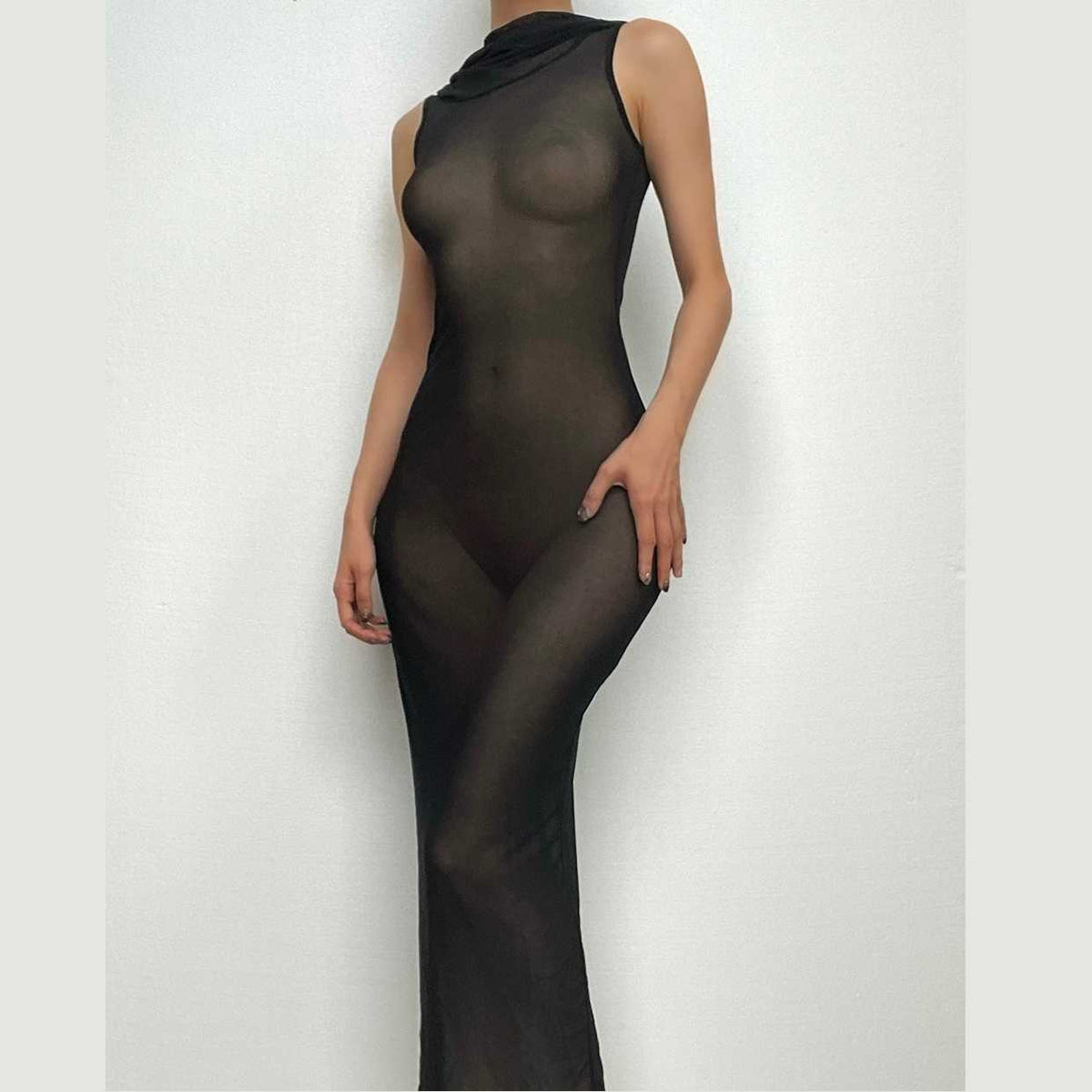 PRE ORDER - Sheer mesh see through hoodie sleeveless maxi dress