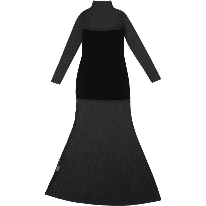 Velvet Crush Mesh Panel Mock Neck Long Sleeve Maxi Gown - View 8