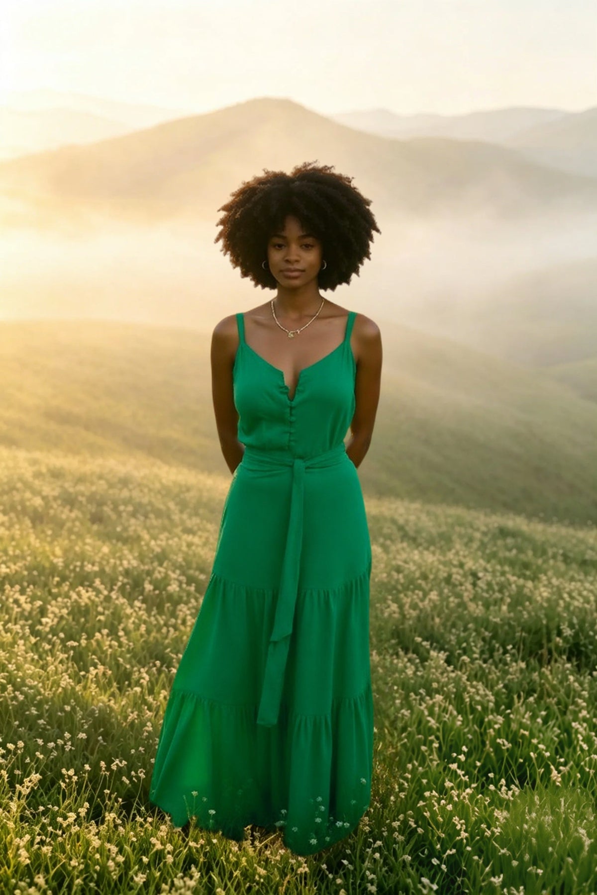 V Neck Tunic Ruffles Maxi Dress