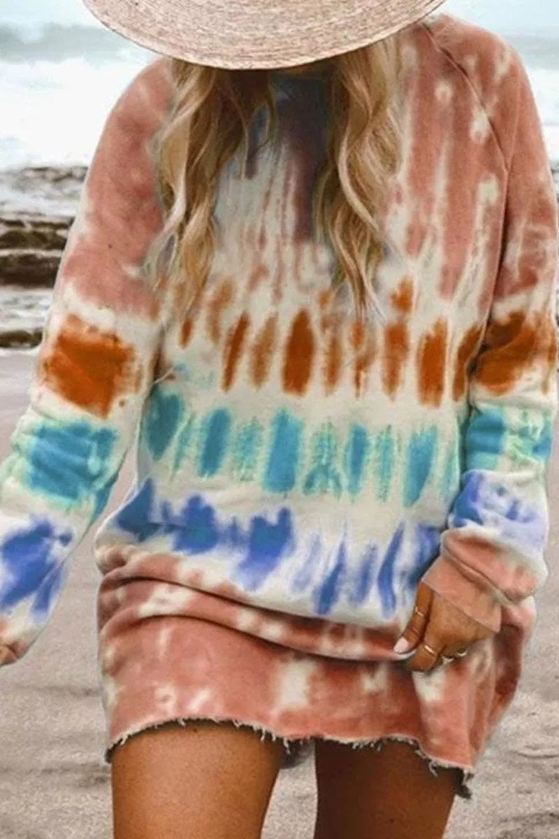 Knit Crew Neck Raglan Sleeve Raw Hem Oversized Sweatshirt Mini Dress - View 4