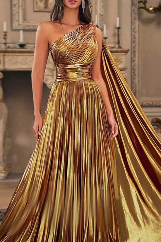 Satin One Shoulder Cape Ruched A-Line Maxi Gown - View 2