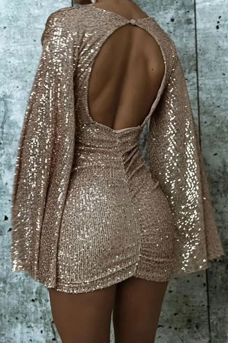 Sequin Deep V-Neck Long Flared Sleeve Ruched Bodycon Mini Dress - View 2