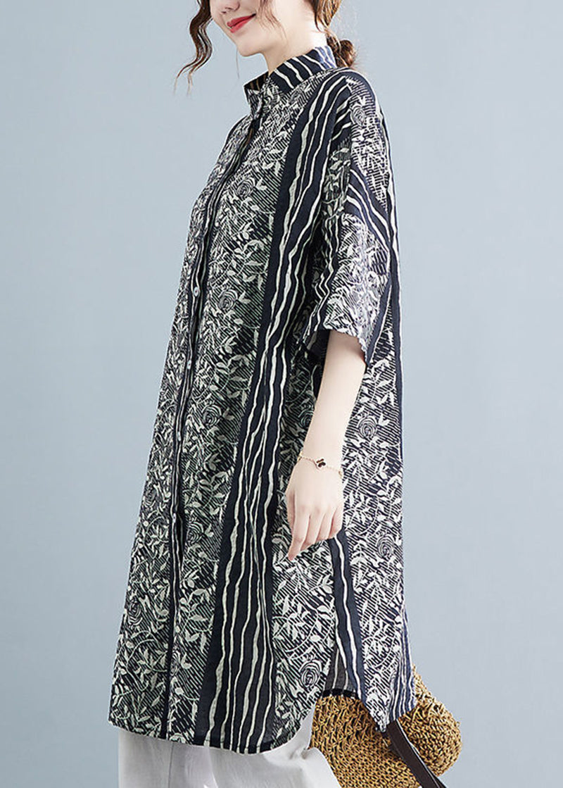 Floral Print Collar Button Front Panel Stripe Shirt Dress - View 4