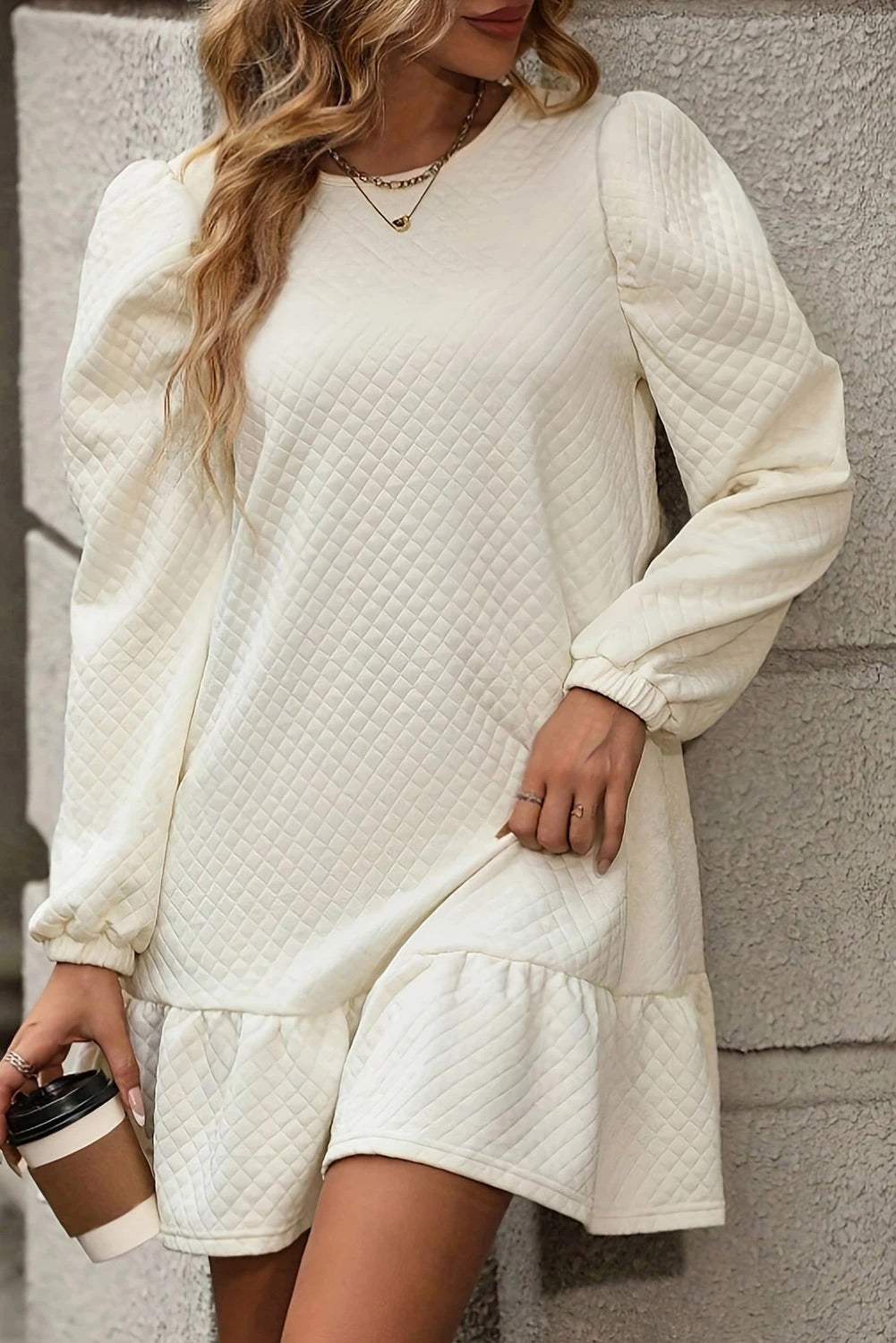 Ariana White Structured Grid Ruffle Hem Mini Dress - View 5