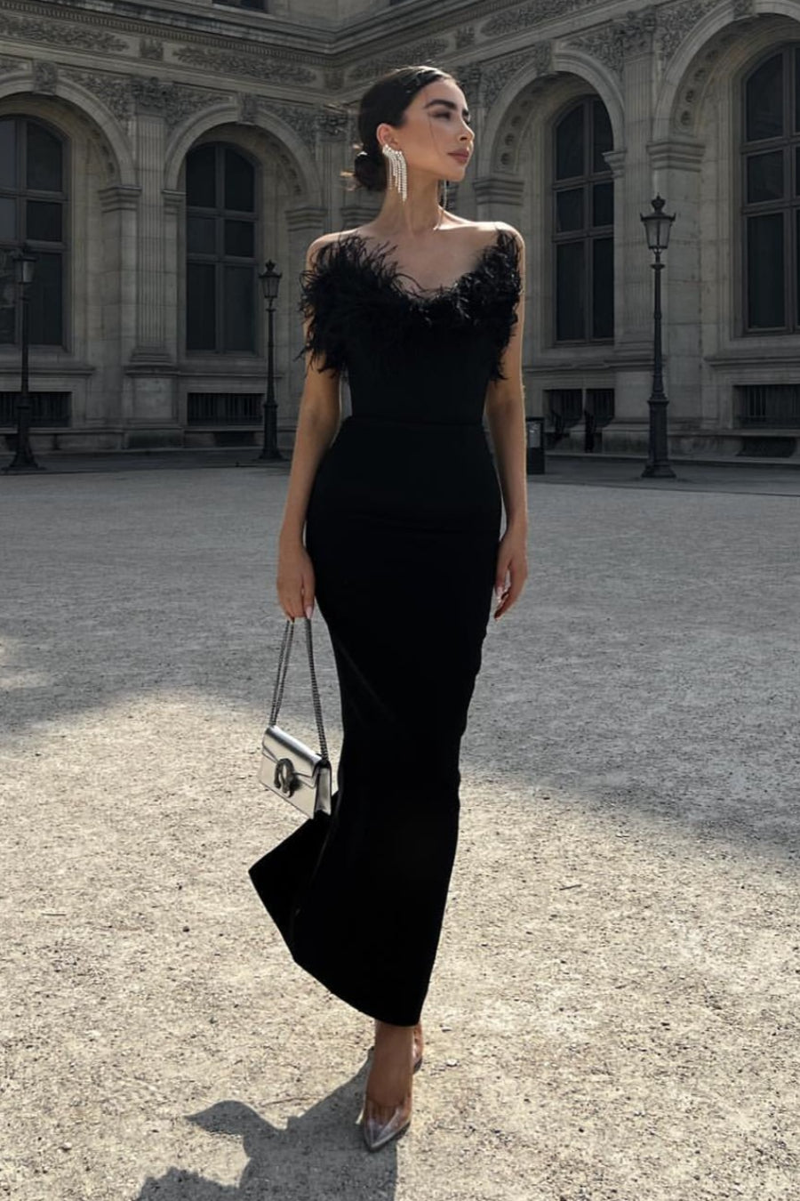 Feather Trim Off Shoulder Bodycon Maxi Prom Dress