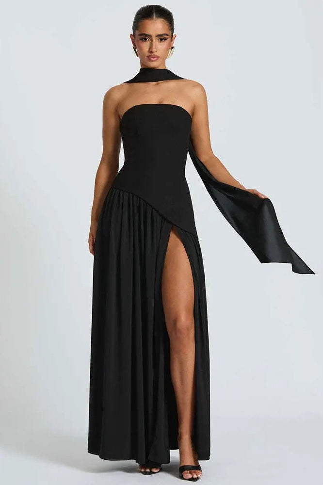 Satin Strapless High Split Asymmetric Draped Maxi Dress - View 8