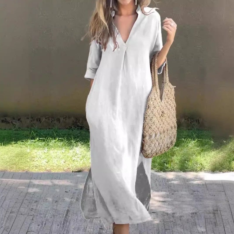 Collared V-Neck Short Sleeve High Split Maxi Dress Summer 5