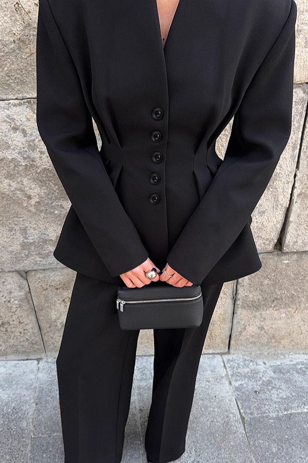 Black V-Neck Ruched Waist Blazer