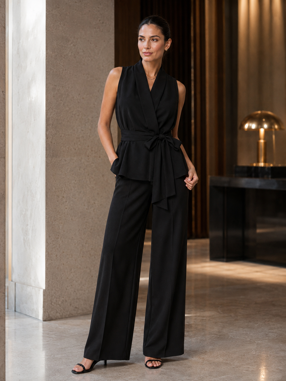 Sleeveless Shawl Collar Wrap Top and Wide Leg Pants Two Piece Set 6