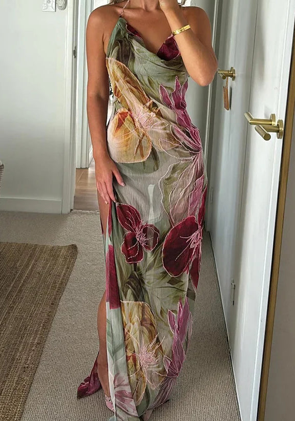 Floral Print Halter Neck Cowl Backless High Split Maxi Dress - View 4