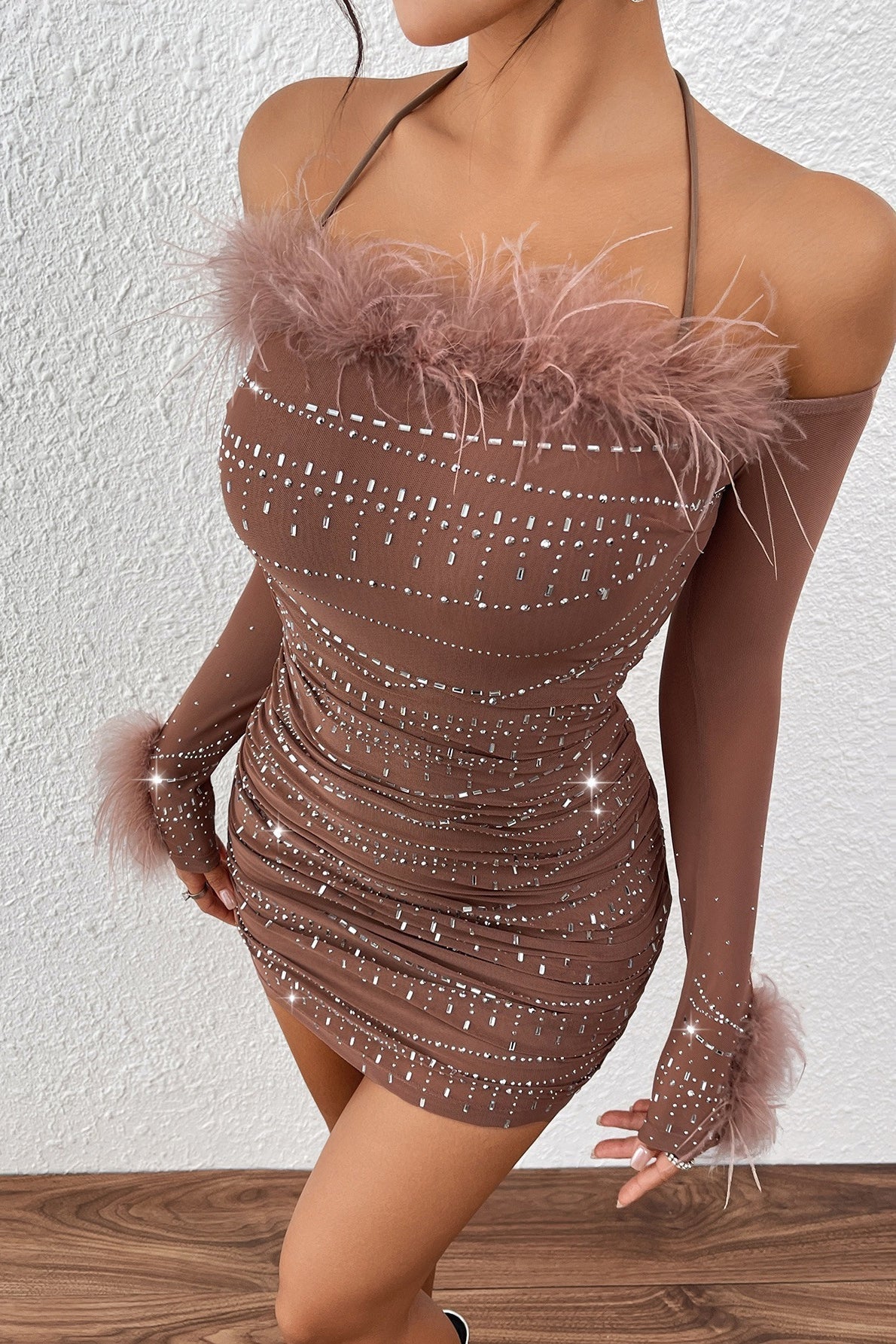 Rhinestone Feather Trim Strapless Ruched Bodycon Mini Party Dress - View 3