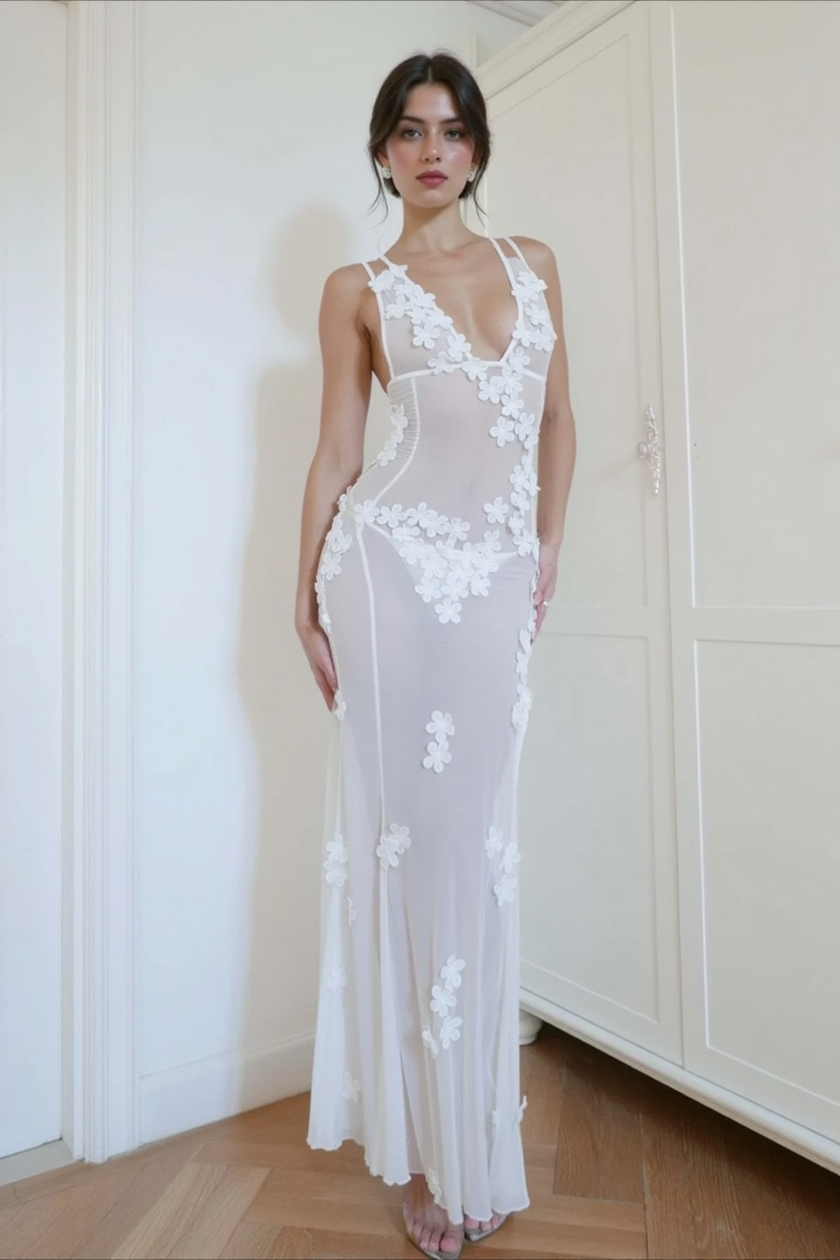 Backless Sheer Mesh Floral Dress